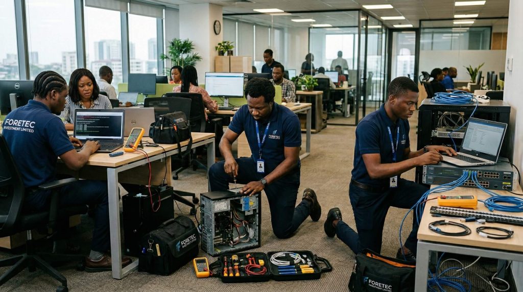 Foretec technicians servicing computers and network equipment